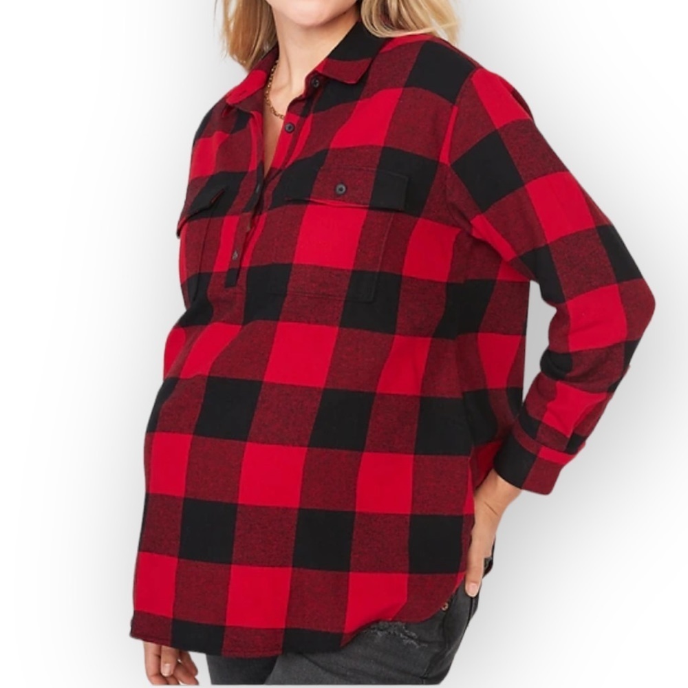 Maternity Red and Black Plaid Long Sleeve Boyfriend Shirt. NWT.